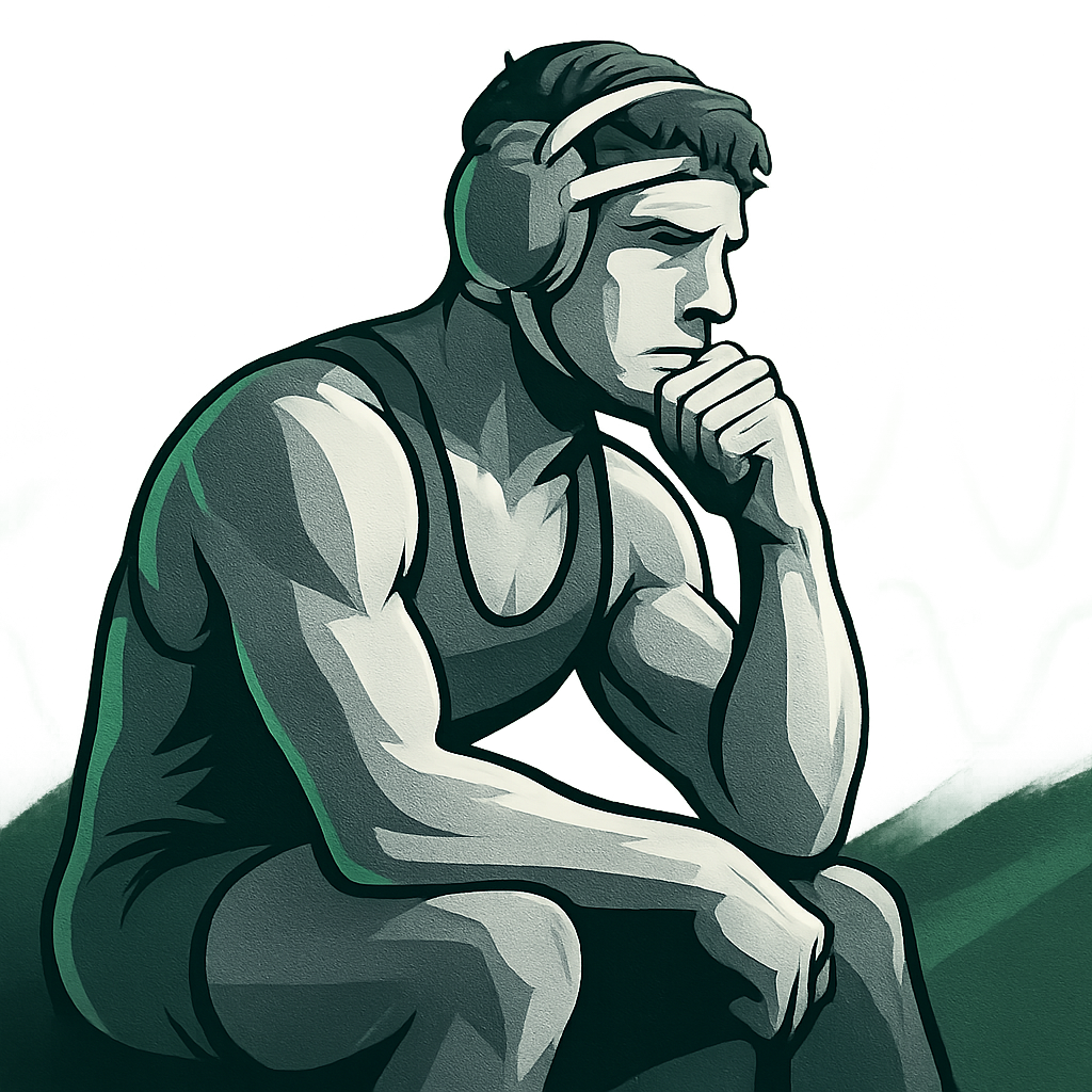 Modern energetic graphic: a wrestler in a thoughtful pose with abstract biofeedback wave lines, rendered in dynamic gray and green gradient, matching style and palette of other article thumbnails