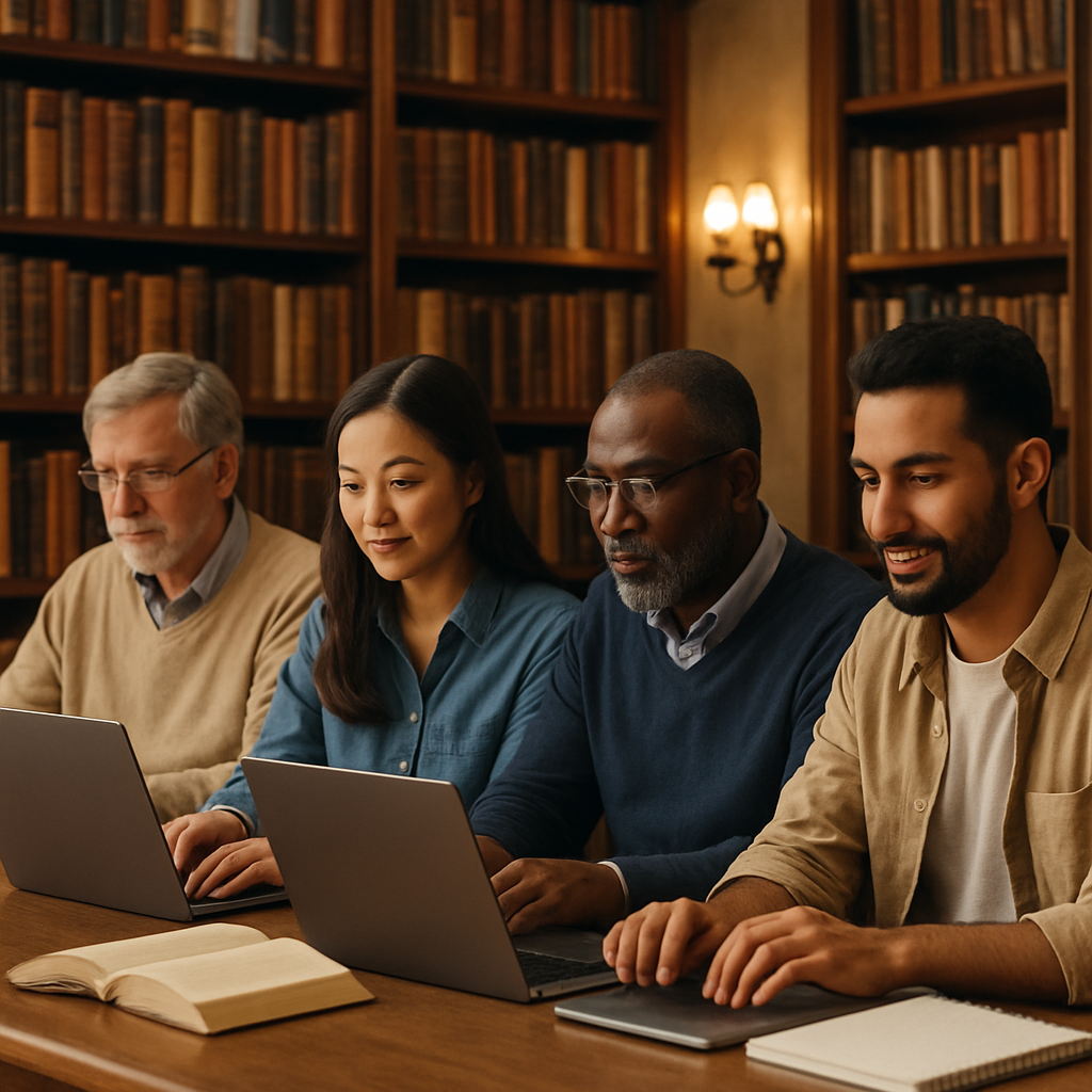 Varios alumnos adultos estudiando con computadoras en una biblioteca ancestral con estanterías de madera y libros antiguos, ambiente cálido e inspirador