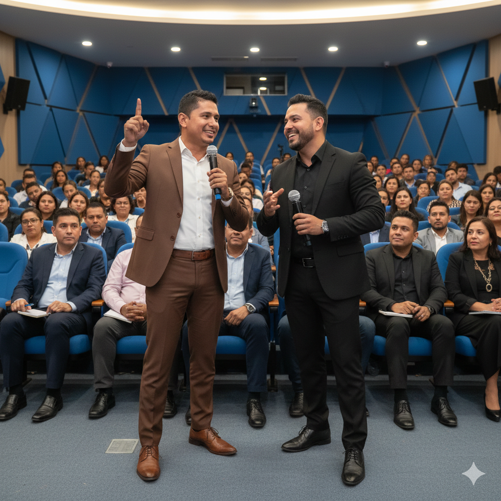 Grupo diverso de estudiantes conversando sonrientes, fondo de aula digital