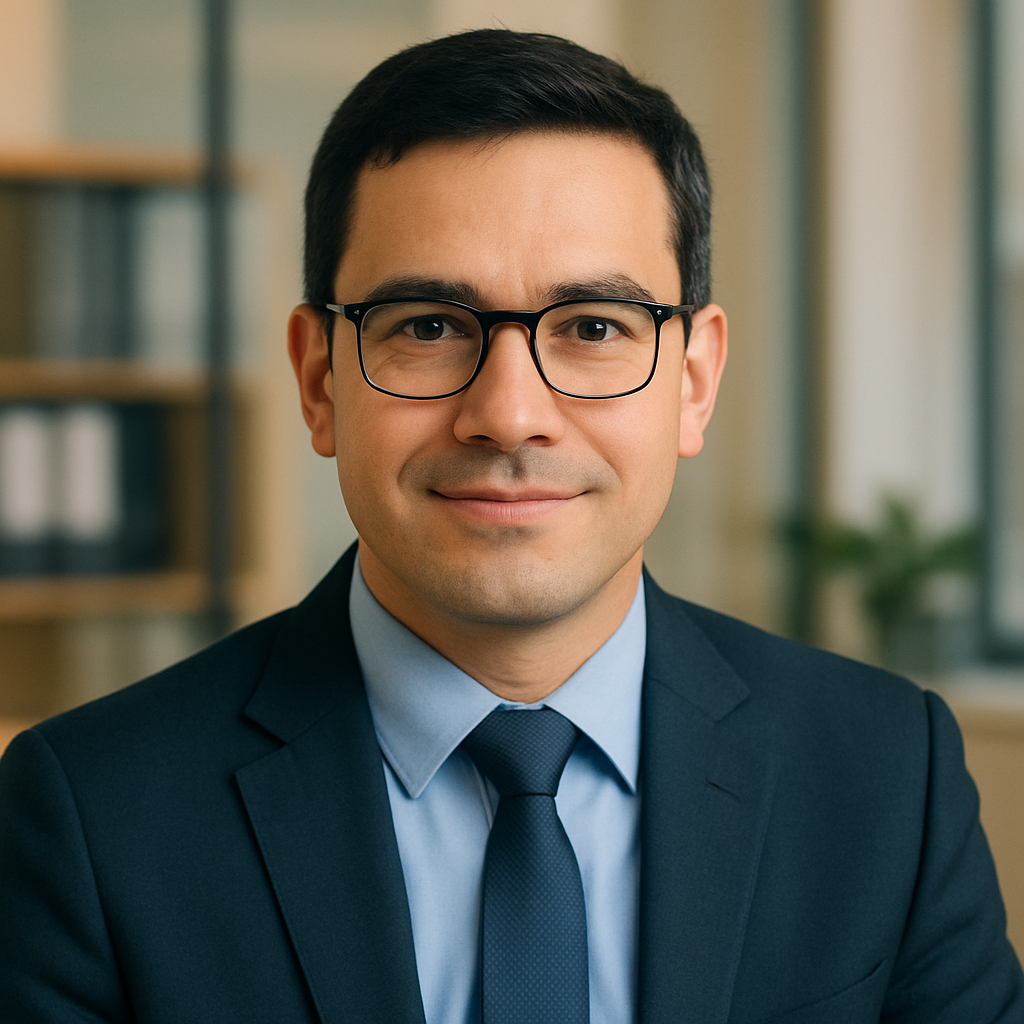 Retrato de Samuel Ruiz, hombre adulto latinoamericano con gafas