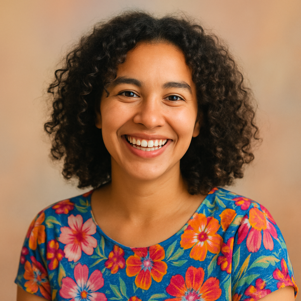 Retrato de Laura Gómez, mujer joven latinoamericana de cabello rizado