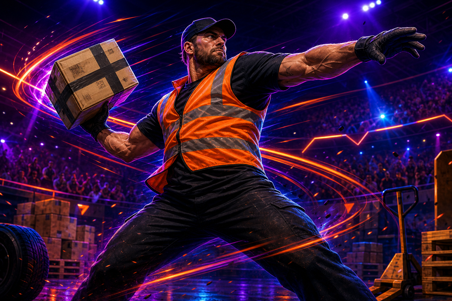 Illustrated logistics athlete in a neon arena winding up for a high-power throw, with motion streaks and playful safety gear