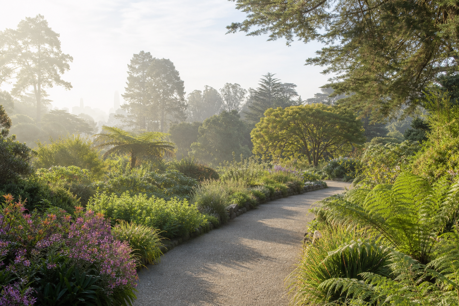 Lush San Francisco botanical garden pathway framed by diverse plantings in soft morning light