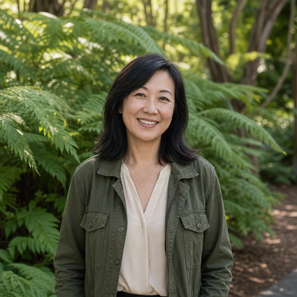Portrait of Elena Park, smiling in a moss-green jacket in front of layered garden foliage