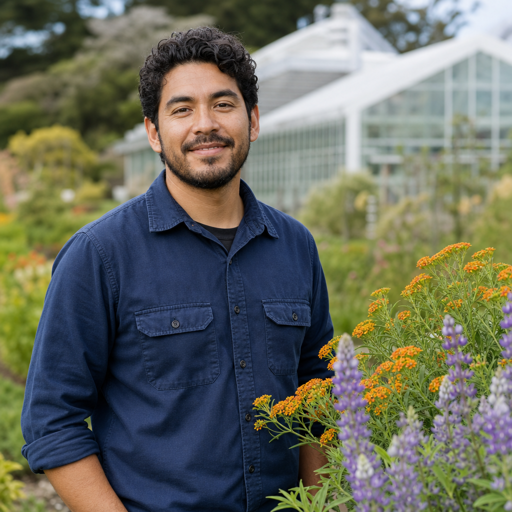 Portrait of Mateo Rivera, wearing a navy field shirt beside native flowering plants