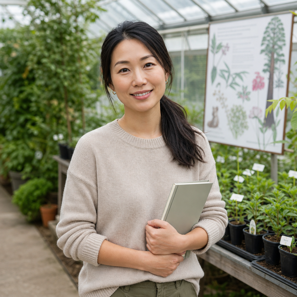 Portrait of Naomi Chen, in a soft beige sweater holding program notes near a greenhouse path