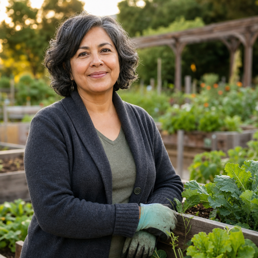 Portrait of Ruth Alvarez, in a charcoal cardigan with volunteer tools at a community planting bed