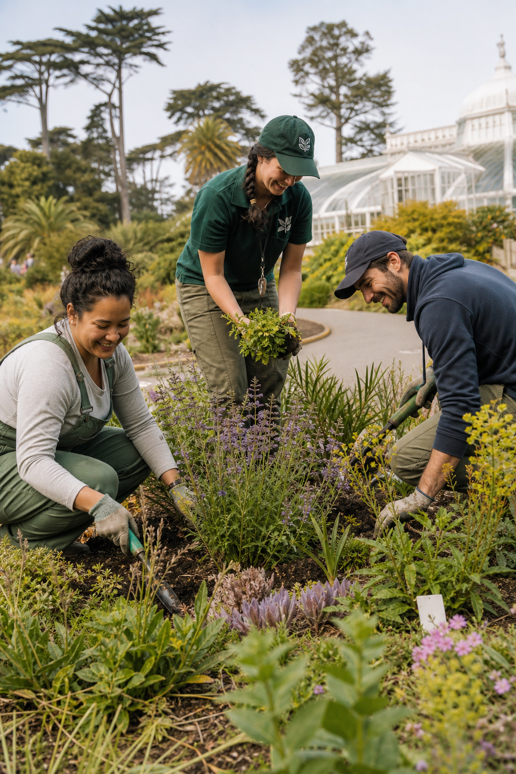 Garden staff and volunteers tending native and seasonal plant beds along a sunlit path in San Francisco Botanical Garden