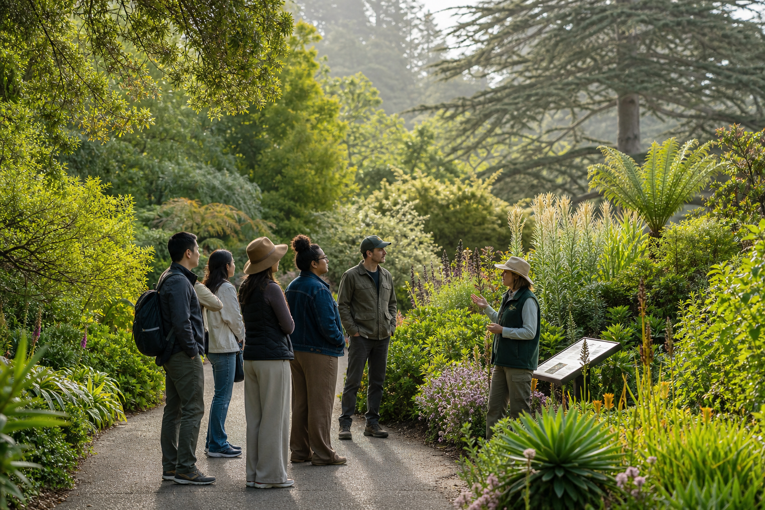 Serene botanical garden path bordered by diverse plants with a small group learning from a guide
