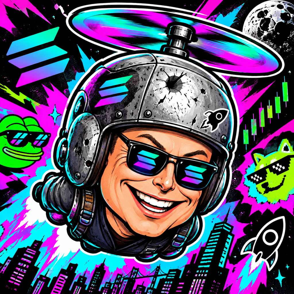 Flying Elon meme avatar with a dented metal helmet, spinning propeller, and chaotic grin