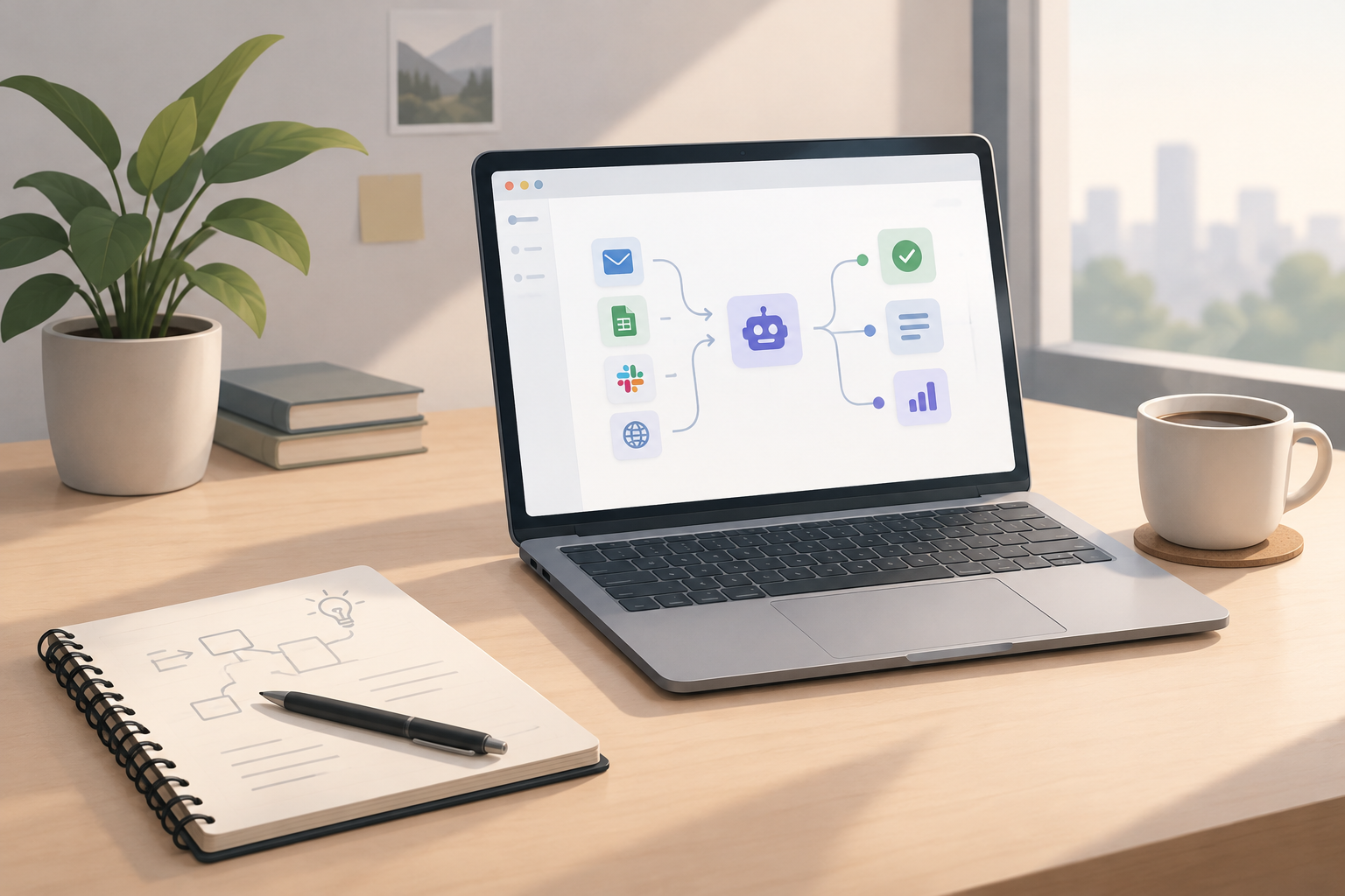 Minimal digital workspace illustration with laptop dashboard, workflow nodes, and calm productivity mood