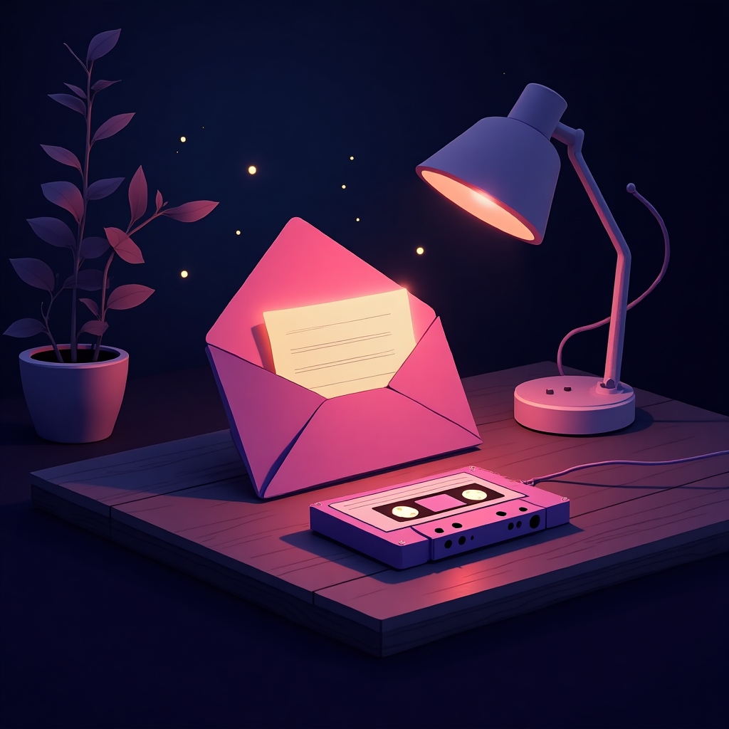 Retro-styled illustration of a glowing envelope and cassette tape resting on a desk, with violet twilight light and soft neon accents