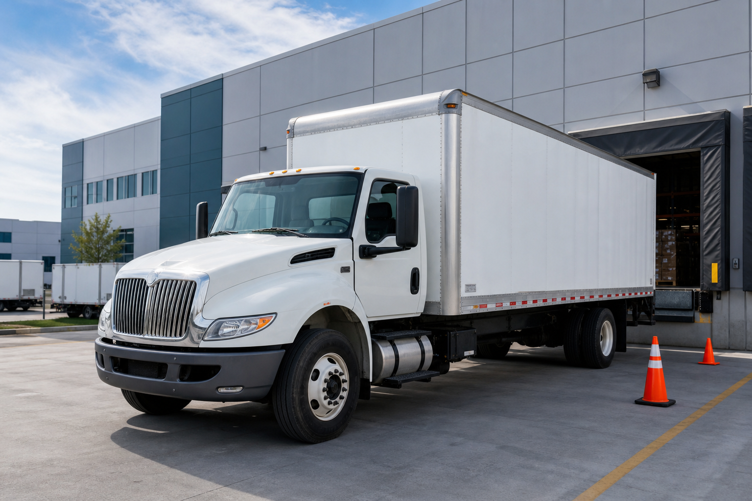 Modern white freight box truck parked at a logistics terminal with safety markings