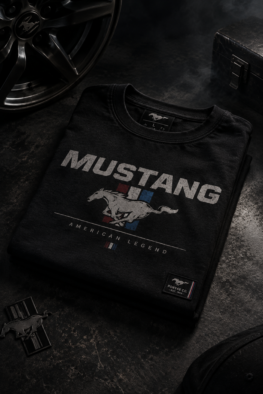 Moody studio-style close-up of a folded black graphic tee with bold Mustang-inspired typography and a subtle embroidered patch on a dark textured surface