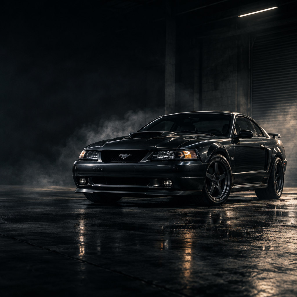 Dark cinematic automotive launch campaign scene with a bold Mustang-inspired muscle car in the foreground, moody garage haze, dramatic rim lighting, and premium streetwear energy