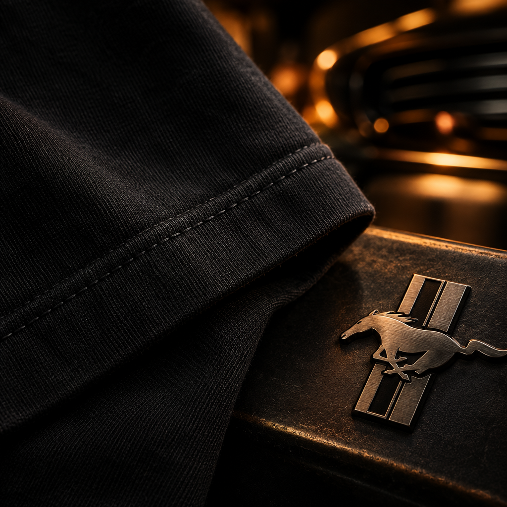 Close-up framed detail of textured black streetwear fabric, metallic badge emblem, and warm garage reflections