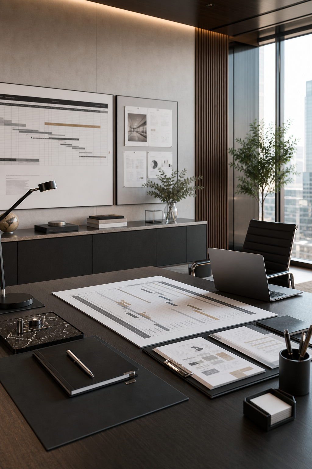 Refined executive project leadership workspace with planning boards, printed timelines, strategy documents, and polished corporate desk setting