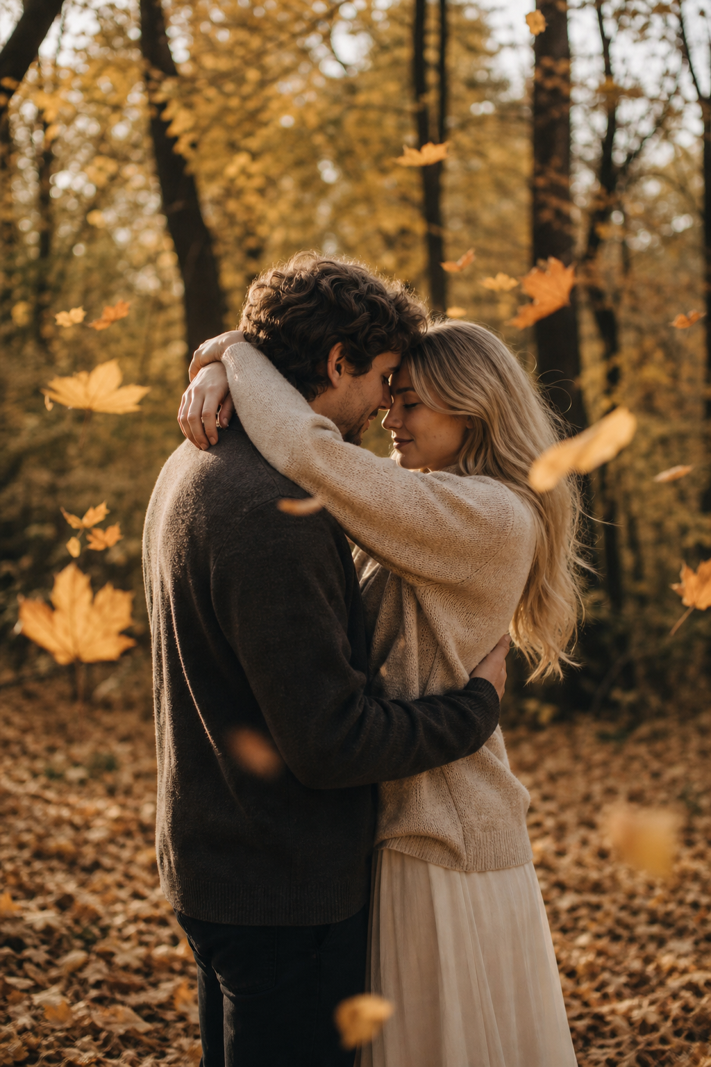 Couple embracing among golden autumn trees during an engagement session in a forest