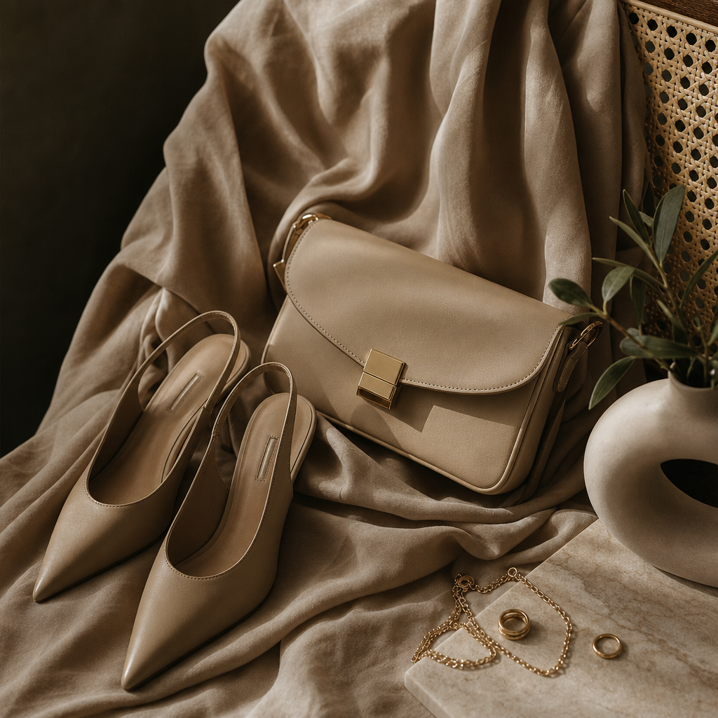 Stylish editorial still life composition for a fashion brand campaign with soft warm tones