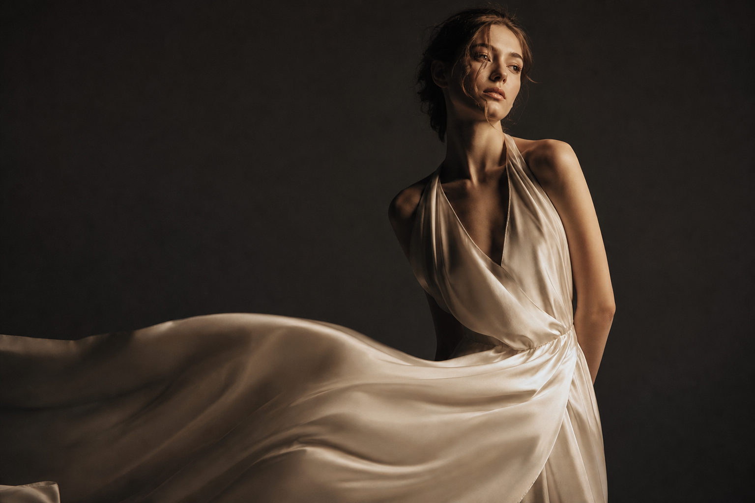 High-fashion editorial portrait of a model in a flowing silk gown under dramatic studio lighting
