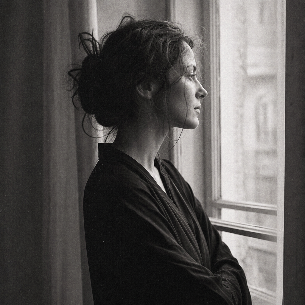 Moody black and white analog film portrait with visible grain and soft natural window light