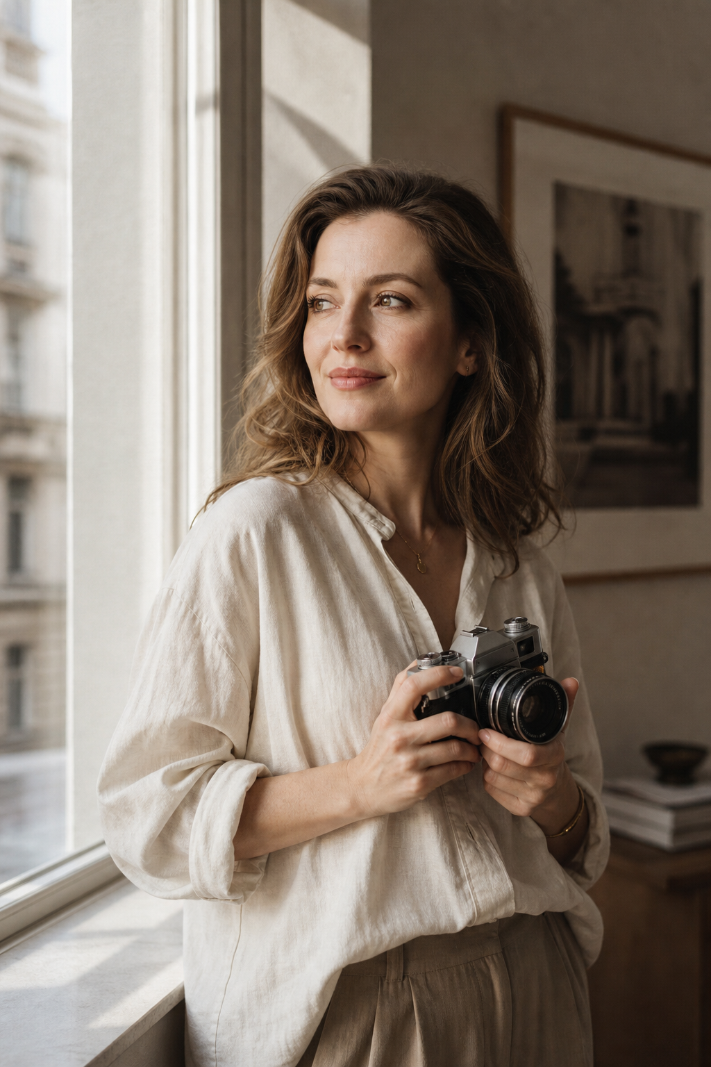 Portrait of Iryna Kovalenko, a photographer, standing by a sunlit window in Kyiv