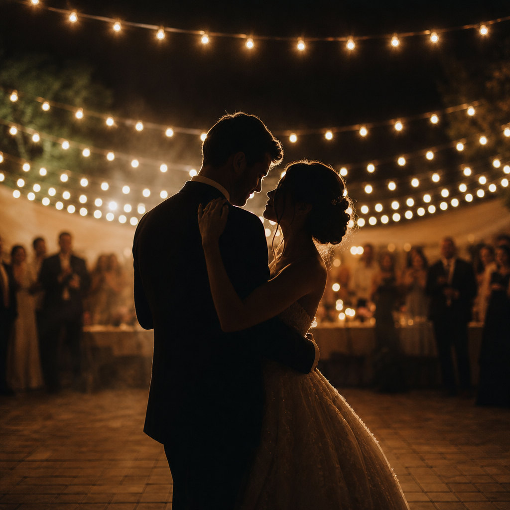 Silhouette of bride and groom during their first dance beneath strings of warm lights