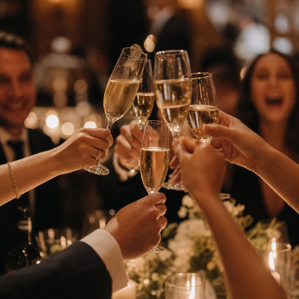 Wedding guests raising glasses in candlelight during a joyful reception toast
