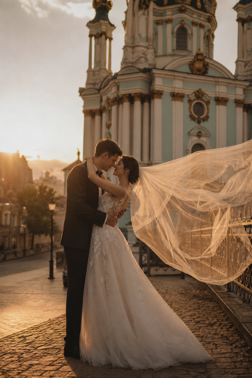 Bride and groom embracing at golden hour, her veil caught in the wind, in front of a Kyiv church