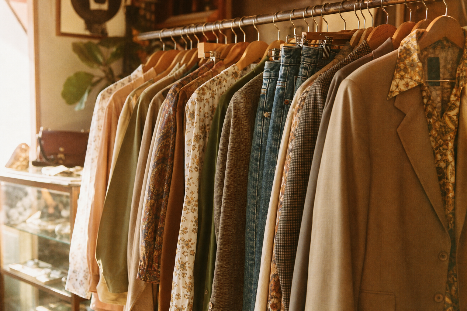 Warm film photograph of a boutique rack with vintage blazers, silk blouses, and worn-in denim in earthy tones