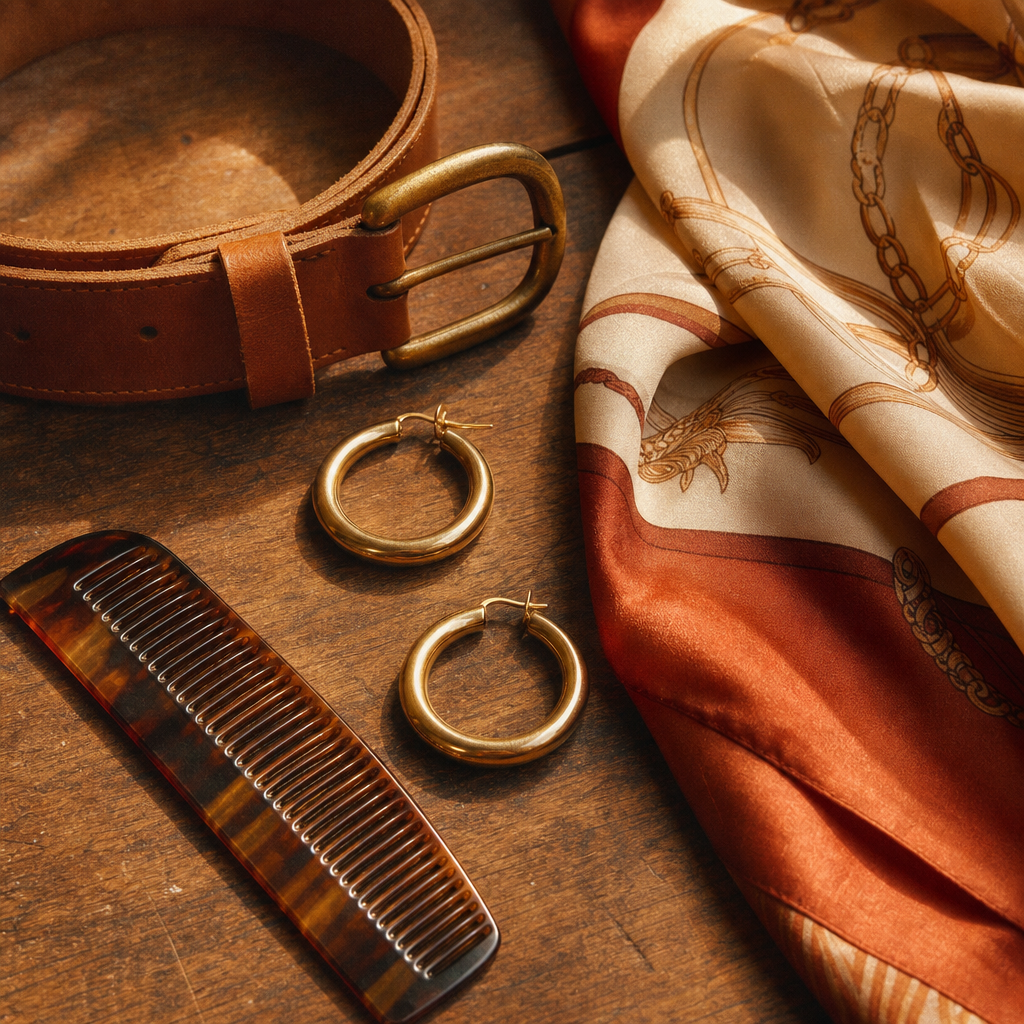 Flat lay of retro accessories including a tan leather belt, gold hoop earrings, and a silk scarf on a sun-faded wooden table