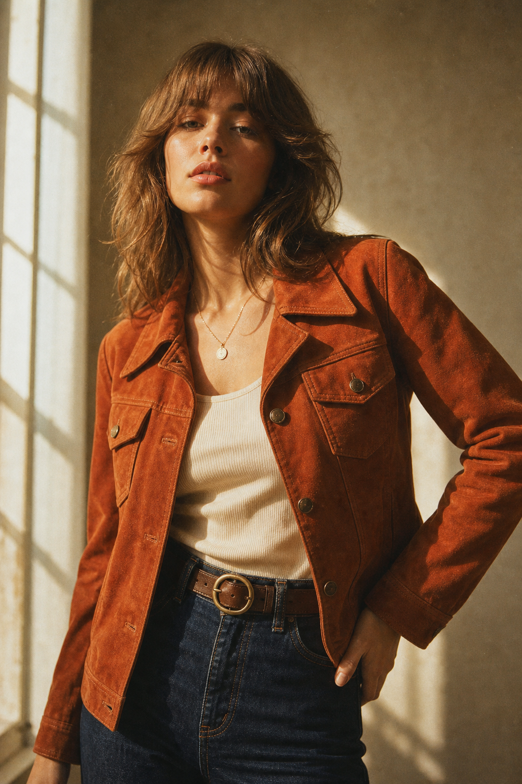 Studio portrait of a model in a burnt-orange suede jacket and high-waisted denim, shot with warm film grain lighting