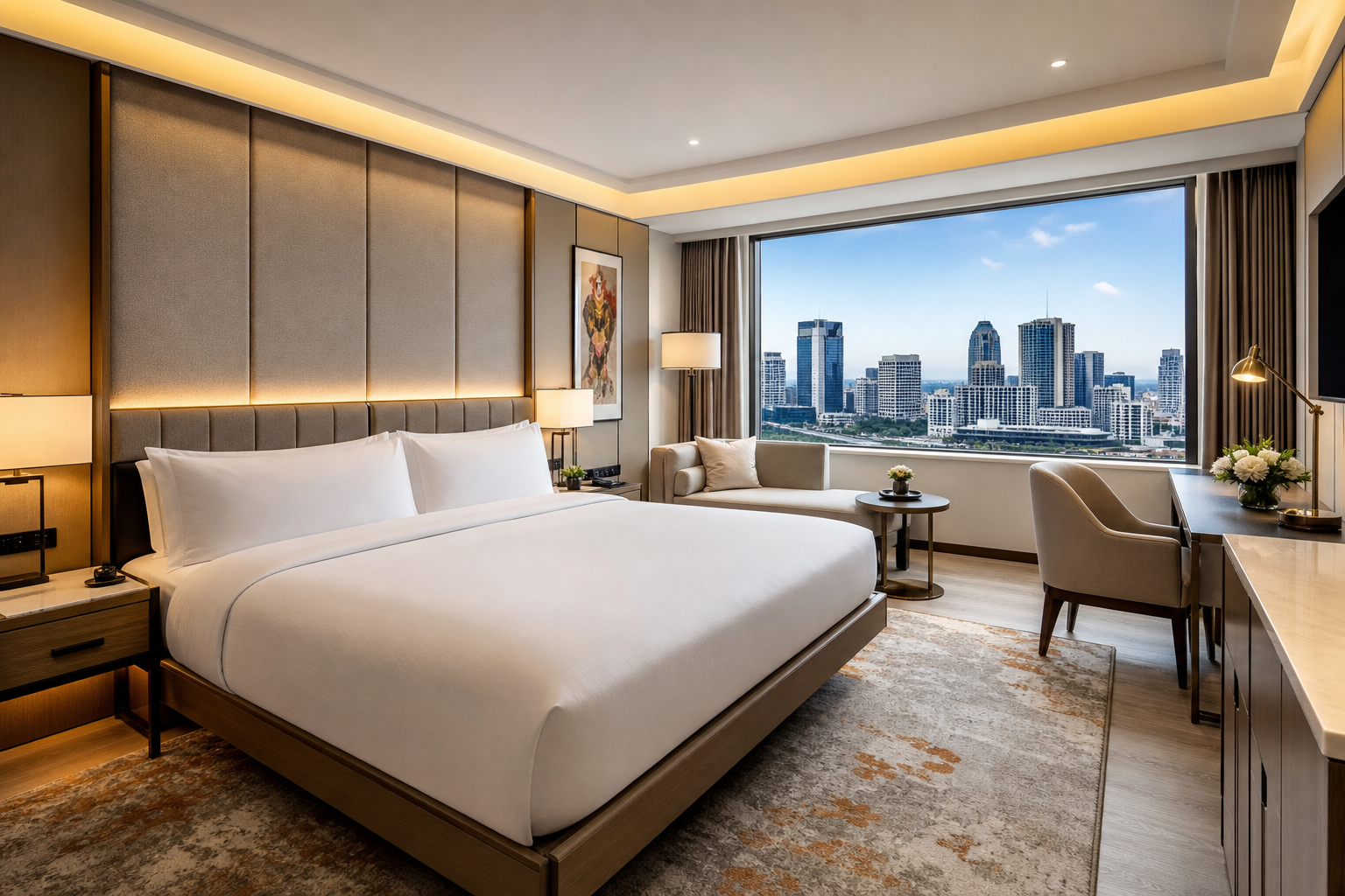 Boutique hotel suite with crisp linens, accent lighting, and a city view