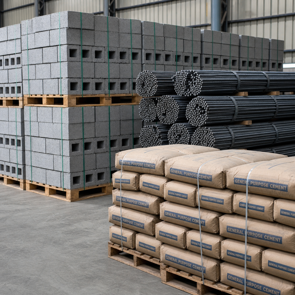 Stacked building materials including concrete blocks, steel rebar, and bags of cement arranged in a clean warehouse