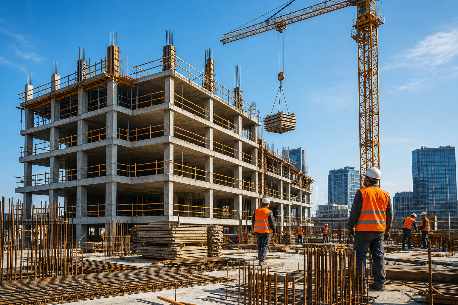 Busy construction site with a mid-rise concrete structure, cranes, and workers in safety gear under a clear sky