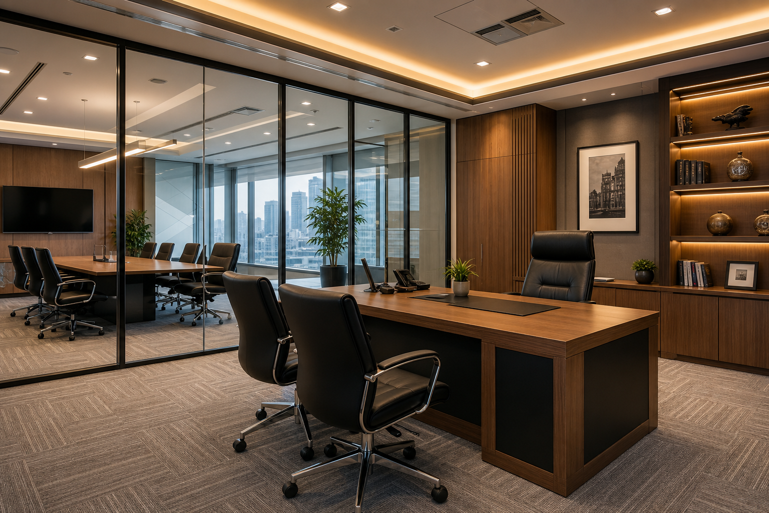 Executive office suite with glass partitions, ergonomic chairs, and warm lighting