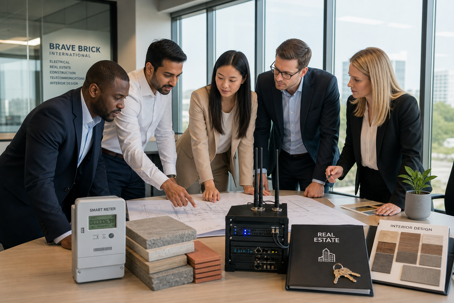 Professional business team reviewing infrastructure plans beside smart meters, construction materials, telecom equipment, and interior design samples in a modern office