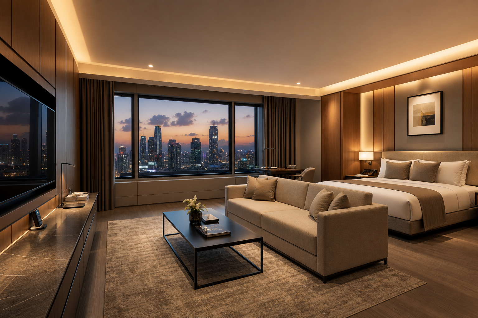 Elegant hotel suite interior with warm lighting, built-in wooden wall panels, neutral fabric seating, and wide aluminum-framed windows overlooking a city skyline