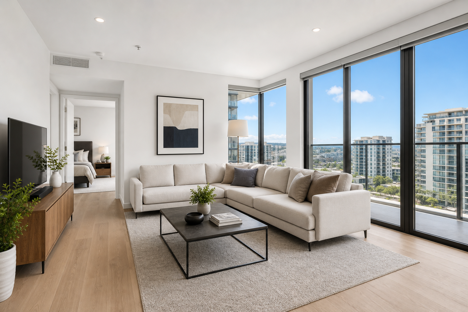 Bright modern apartment living room with soft neutral furniture and large windows