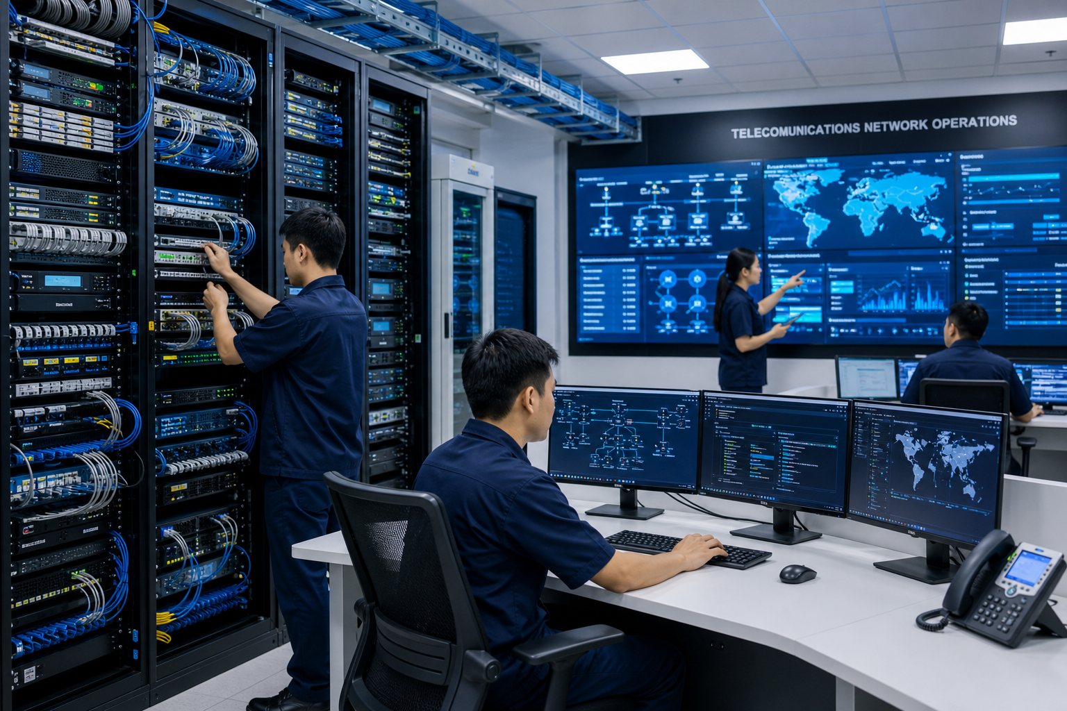 Engineers configuring a modern telecommunication control room with rack-mounted equipment, cable management, and digital monitoring screens