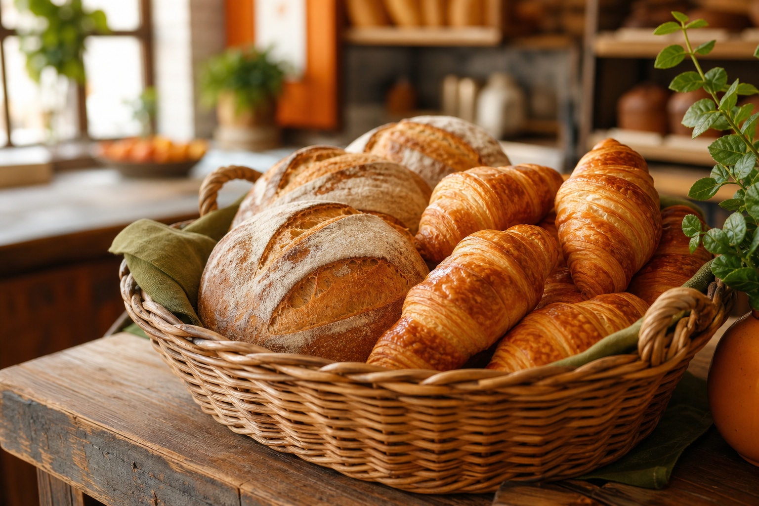 Woven basket filled with golden sourdough loaves, flaky croissants, and a dusting of flour on a warm wooden counter