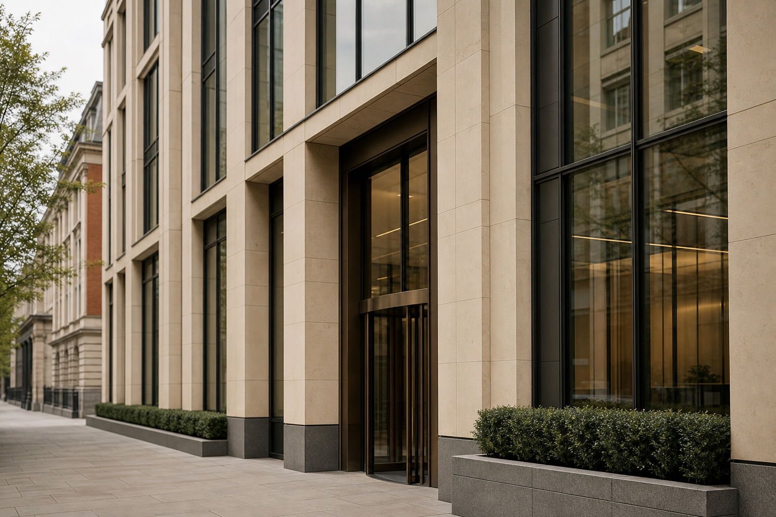 Detailed facade of a contemporary UK office building with warm stone, large glass panes, and understated urban context