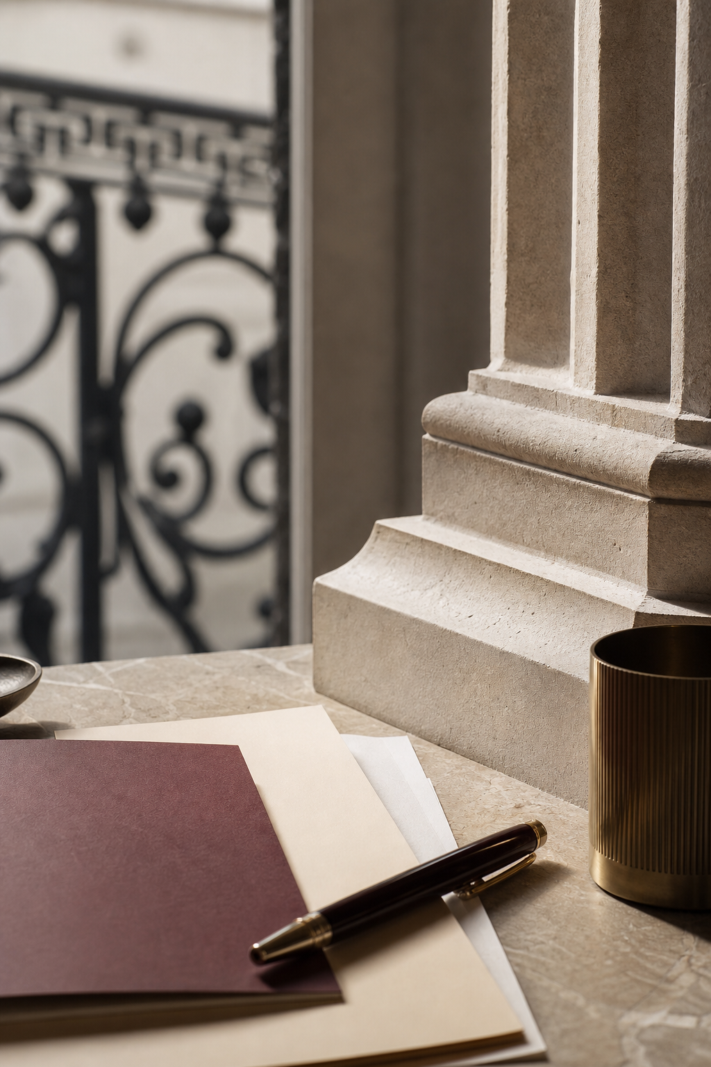 Narrow vertical crop of British architectural detail and refined workspace documents on warm neutral surface