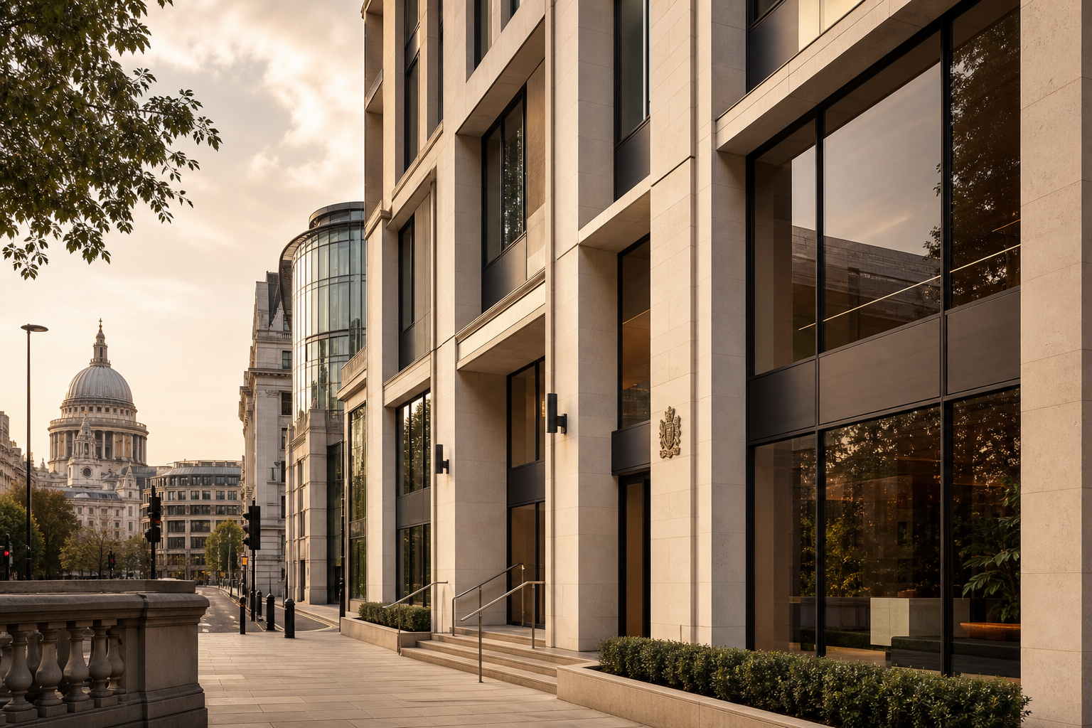 Contemporary British commercial architecture with limestone and glass facade at golden hour, calm professional city atmosphere