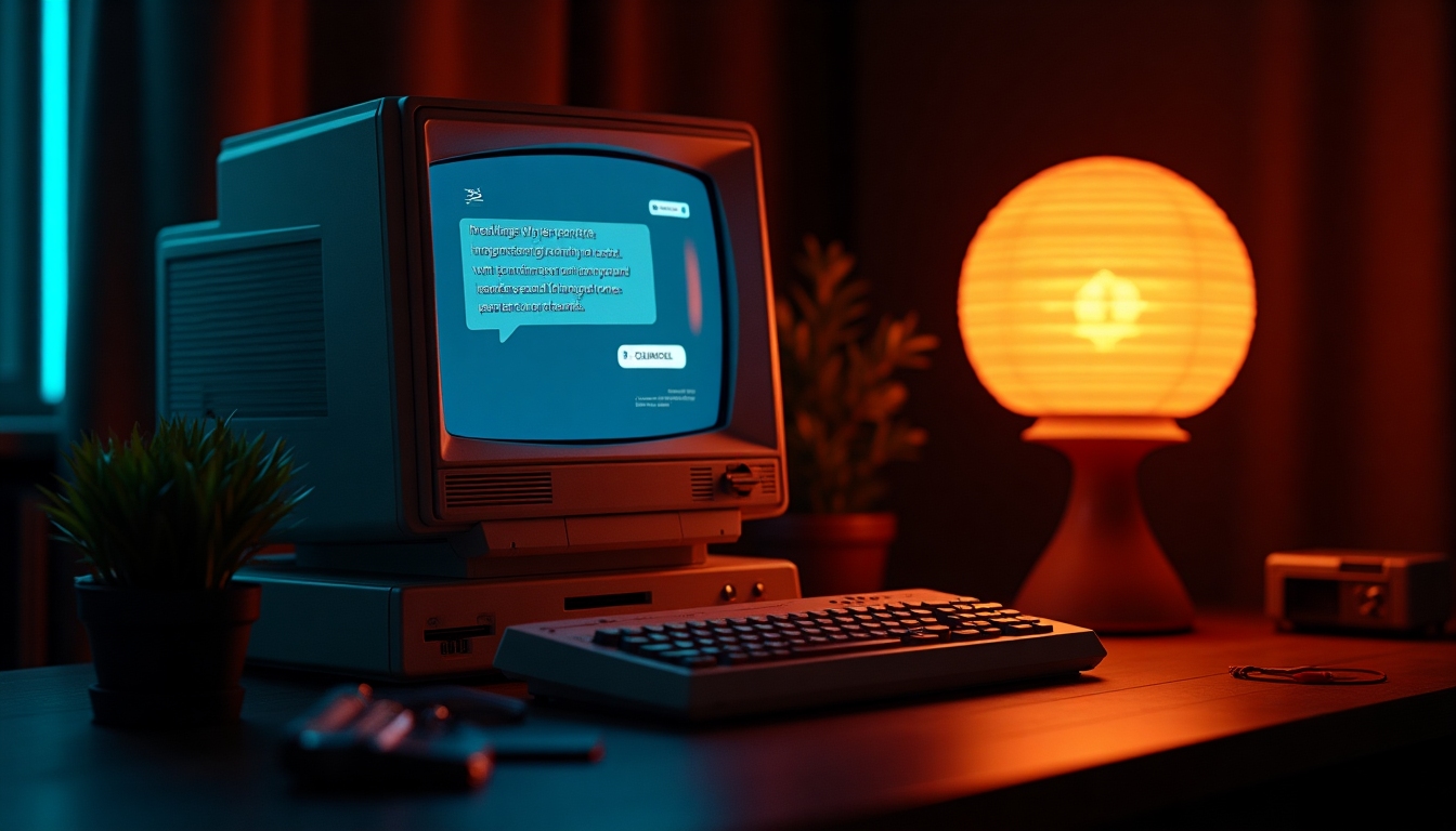 A cozy retro computer terminal with a glowing amber screen and a cassette tape resting beside it, evoking nostalgic digital memories
