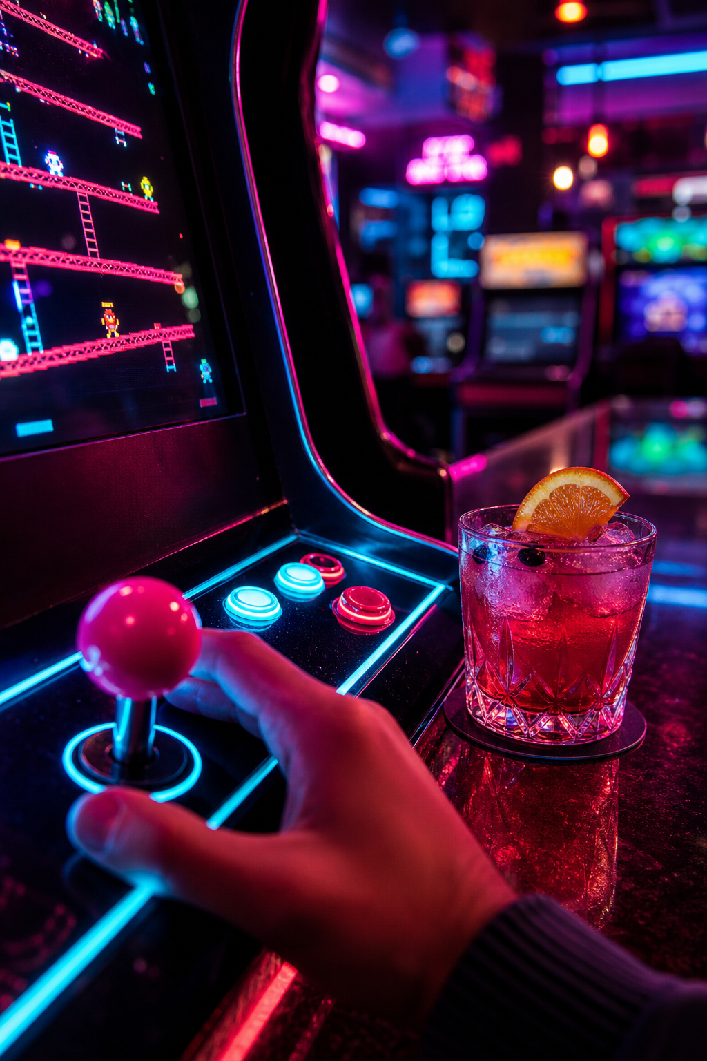 Close-up neon arcade atmosphere with glowing cabinet controls, joystick beside a cocktail glass, and reflections on a polished bar counter
