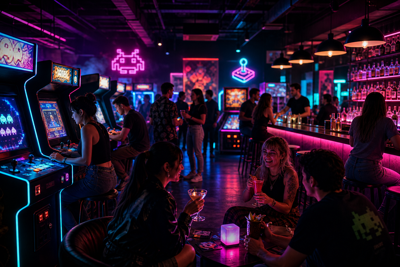 Neon arcade bar interior with glowing arcade cabinets, moody bar lighting, and a social night-out crowd