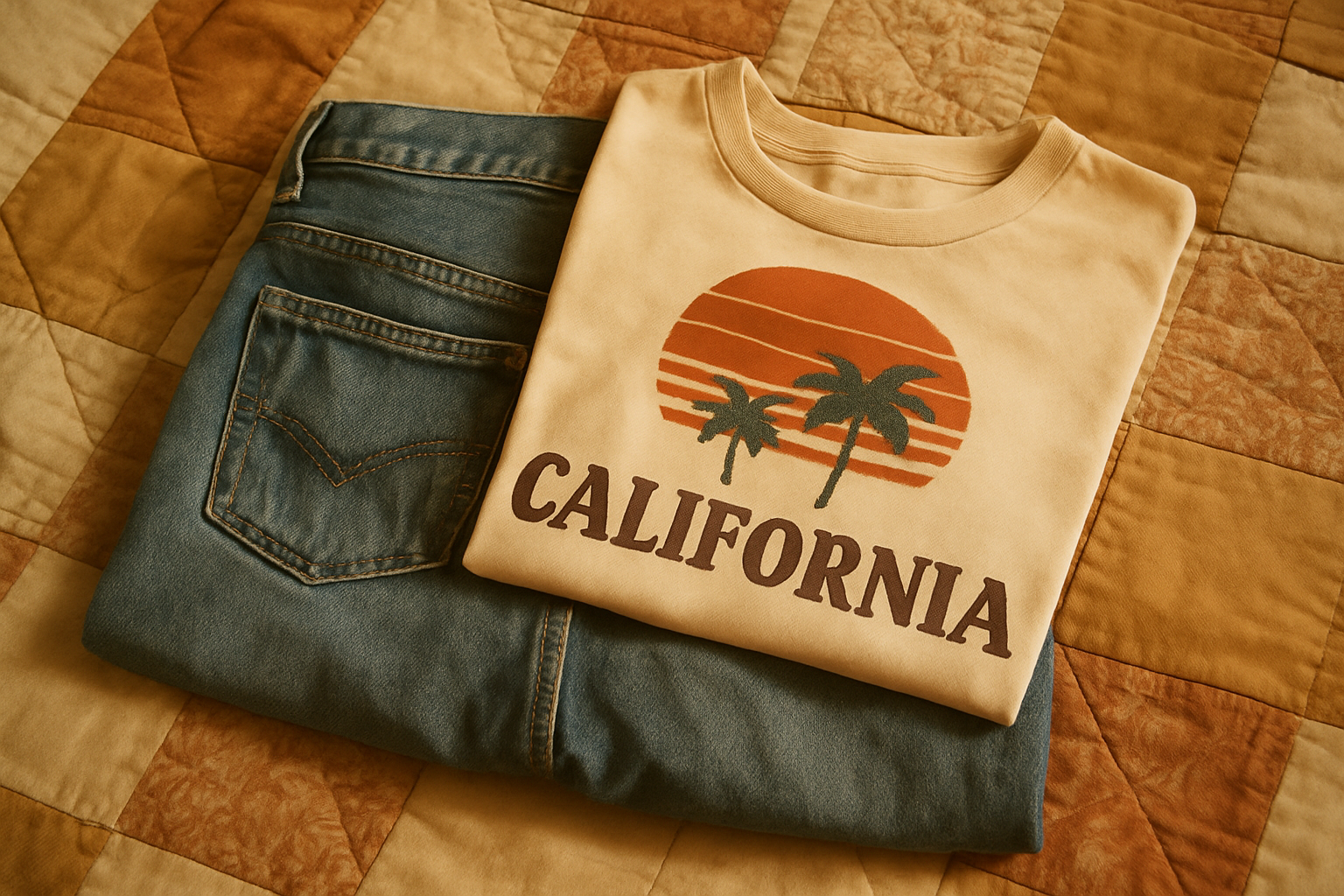 Faded blue vintage denim jeans and a retro graphic tee folded on a patterned quilt with warm film tones