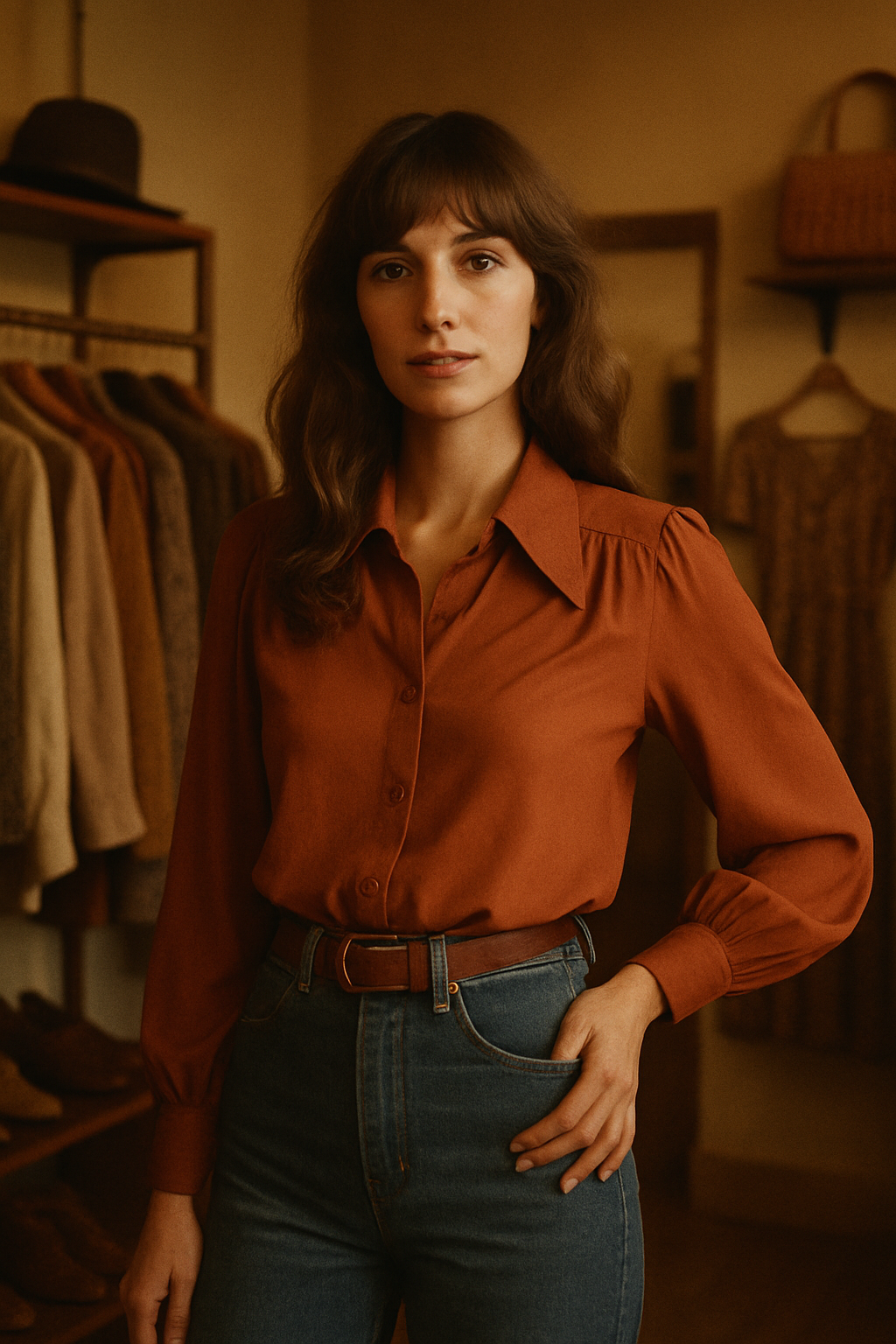 Woman wearing a rust-toned 70s blouse and high-waisted denim, styled in a warm film photography look with soft grain and cozy boutique mood