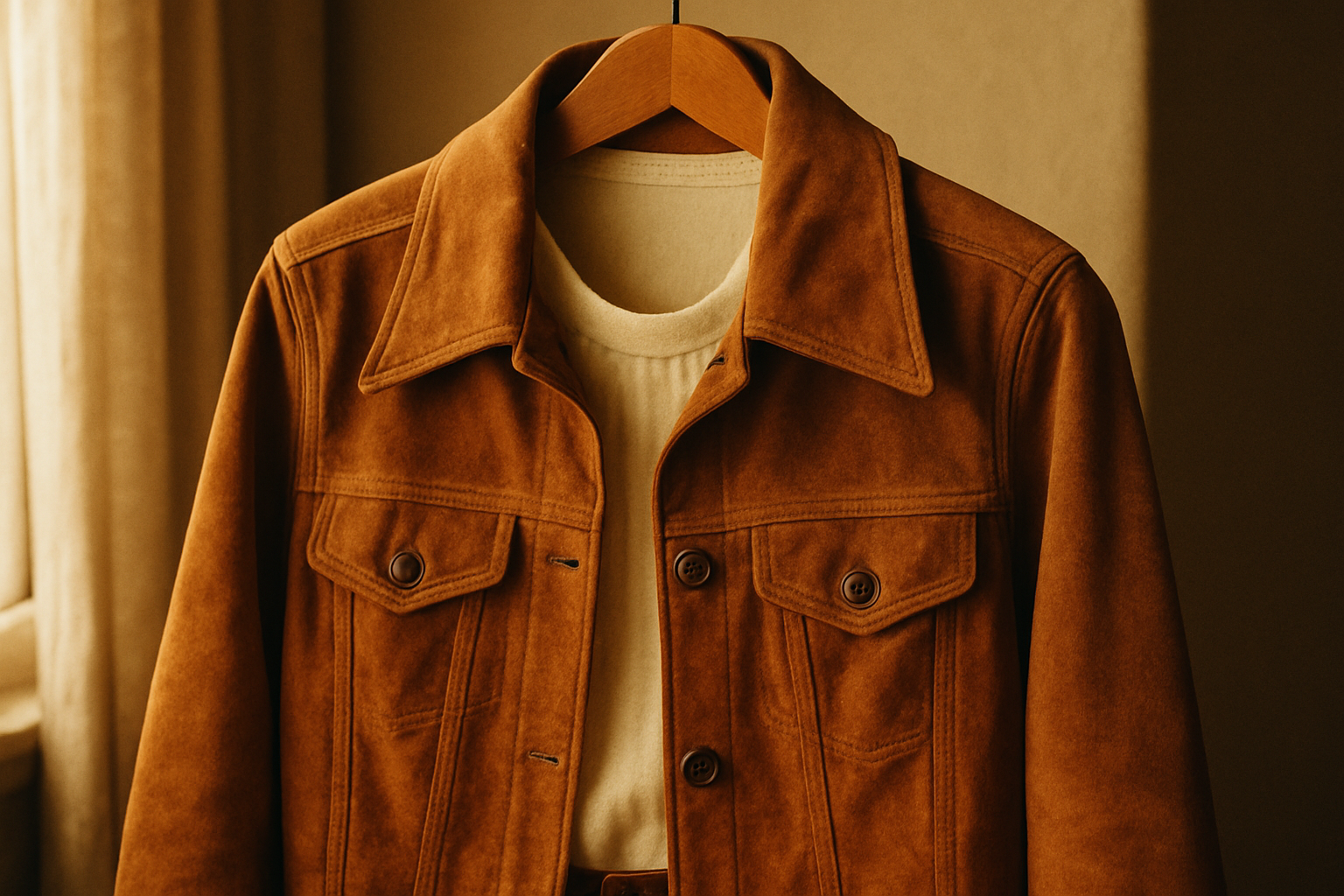 A warm-toned vintage suede jacket layered over a cream blouse, photographed on a wooden hanger with soft window light